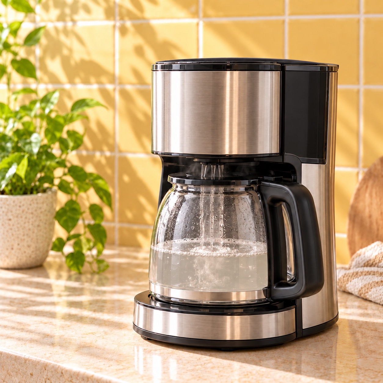 The coffee machine running a cleaning cycle into its glass carafe