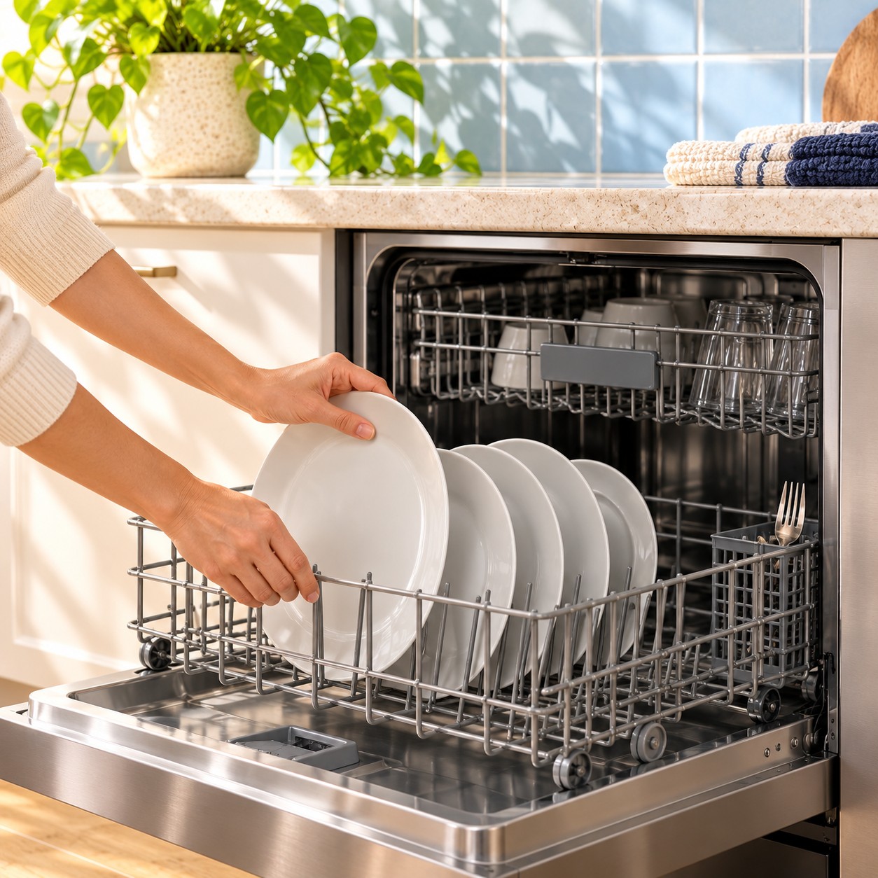White ceramic plates loaded into a dishwasher rack