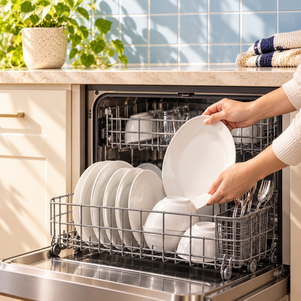 A clean plate lifted from the dishwasher rack