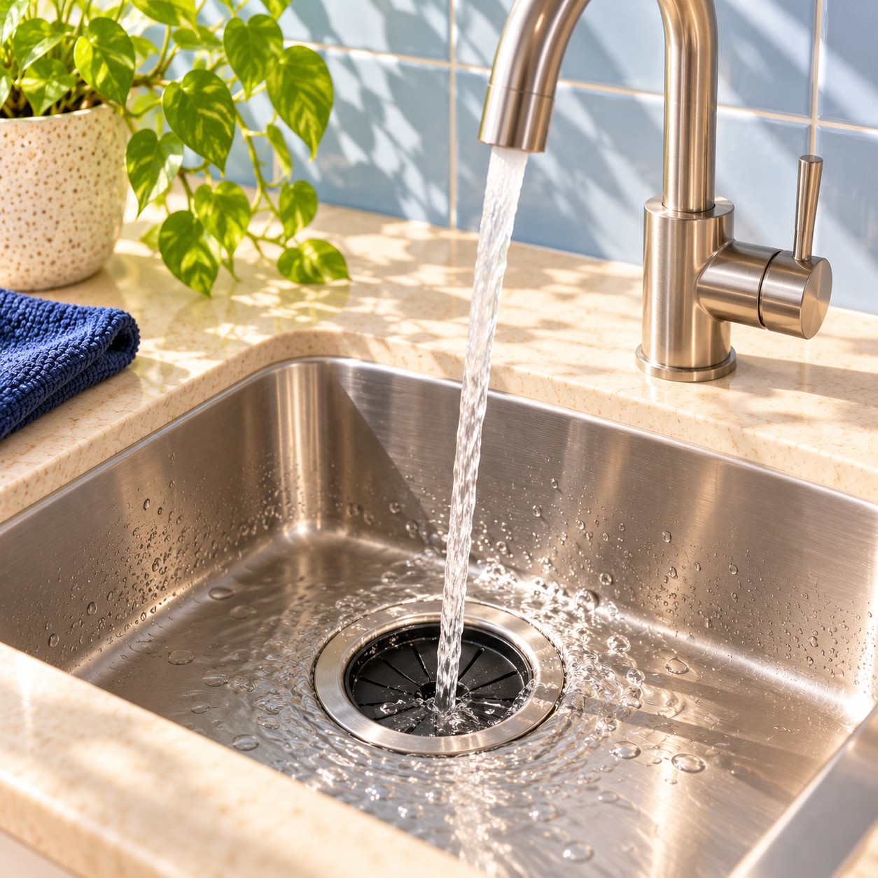 A gentle stream of water running into the disposal opening