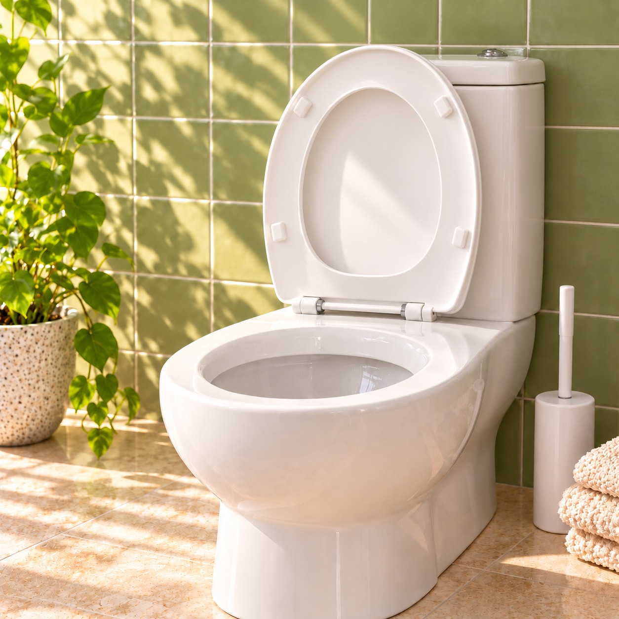 A toilet bowl prepared with the seat raised