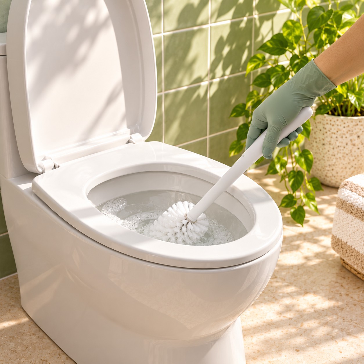 A gloved hand cleaning the bowl with a toilet brush
