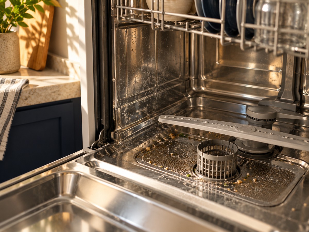 Buildup around a dishwasher filter and stainless interior