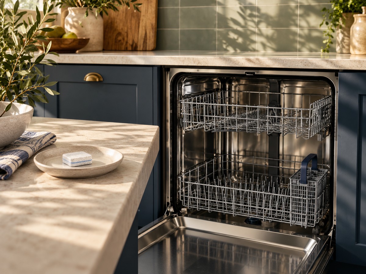 An empty dishwasher beside an appliance cleaner tablet