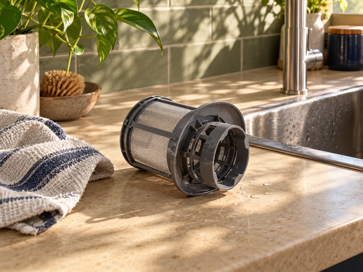 A removable dishwasher filter beside a cloth