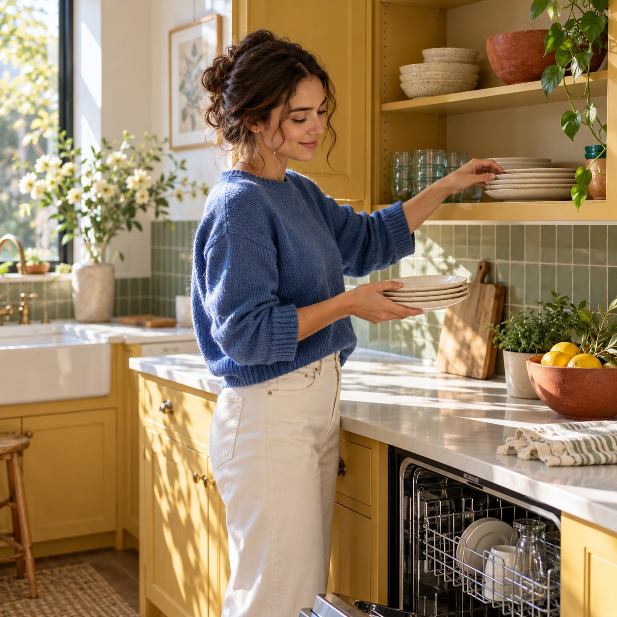 Putting clean plates away in a sunny kitchen