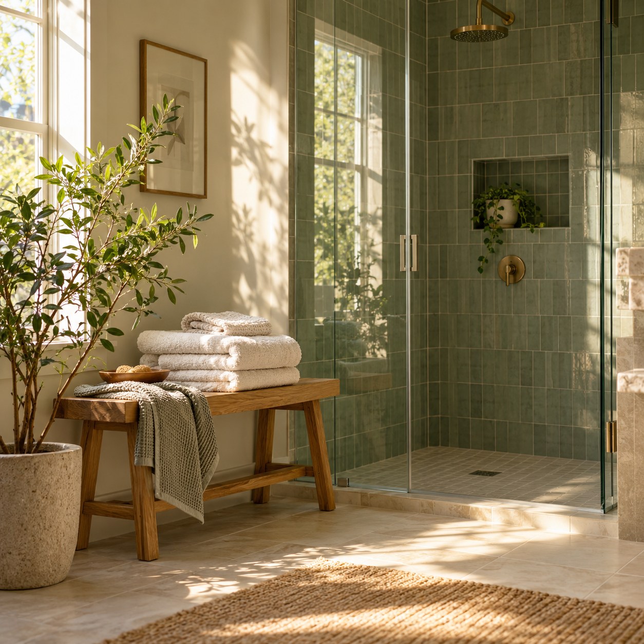 A bright bathroom with a glass shower and folded towels