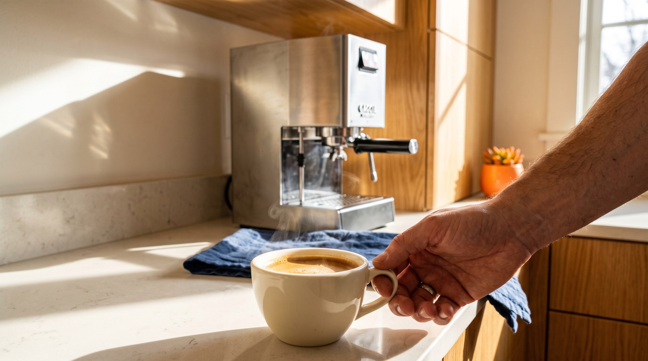 A fresh cup of coffee beside a coffee machine