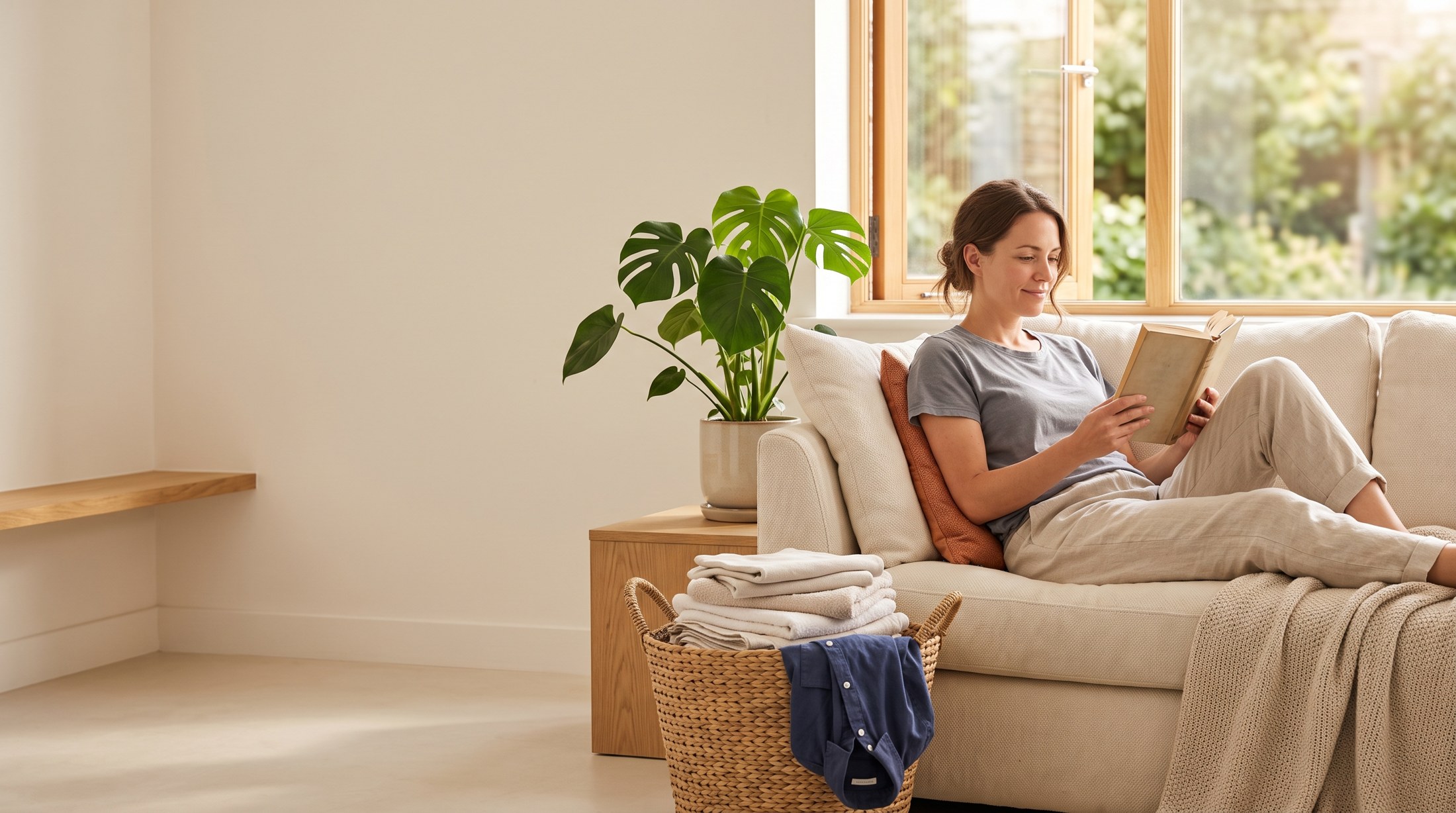 A peaceful sunlit home with fresh folded laundry and time to relax