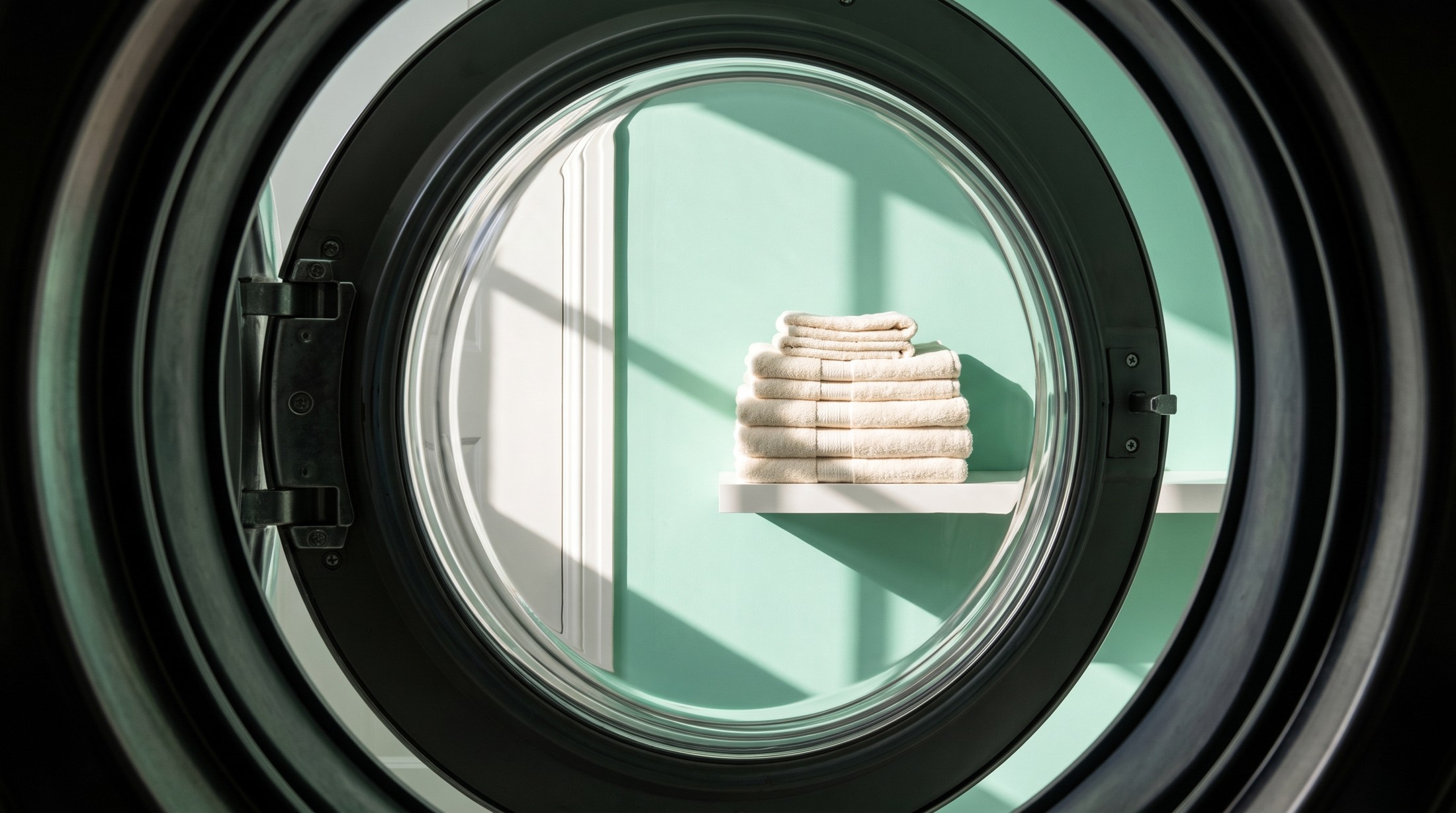 A washer door framing neatly folded towels