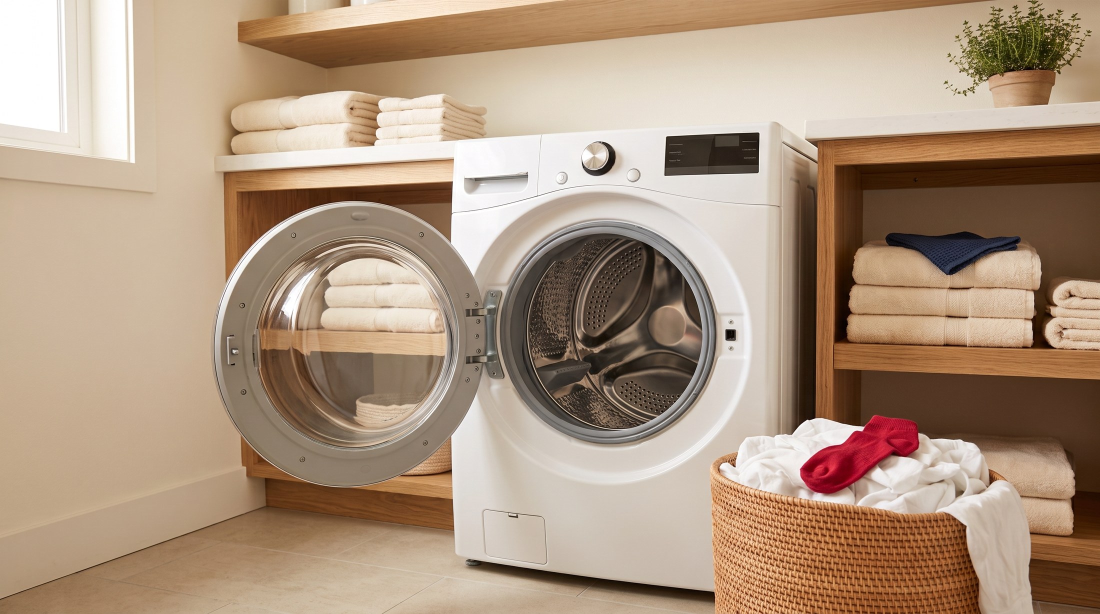 Sunlit modern laundry room with folded towels and a laundry basket