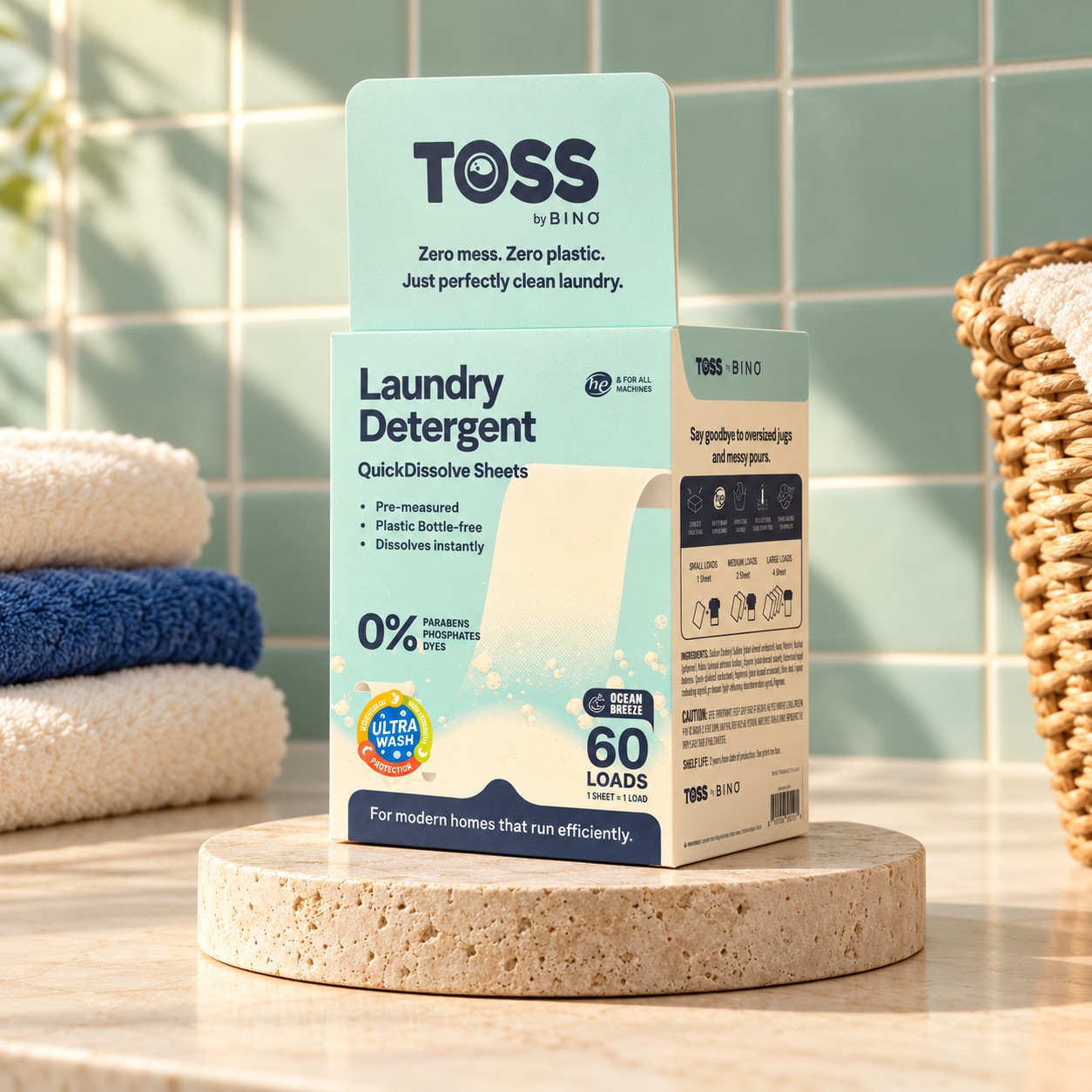 TOSS laundry sheets styled packaging